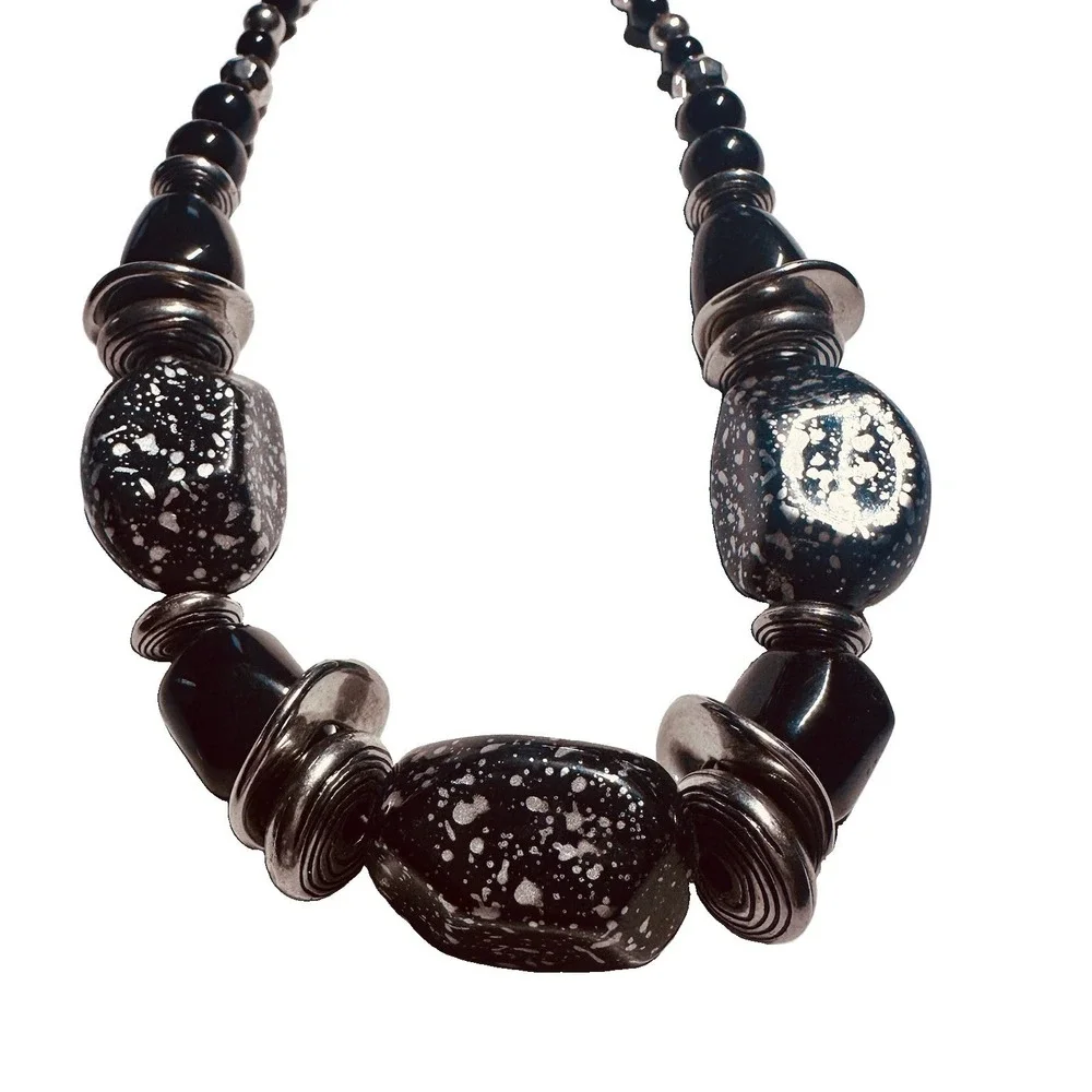 Statement Necklace Women OS Black Silver Speckled Chunky Bib Excellent